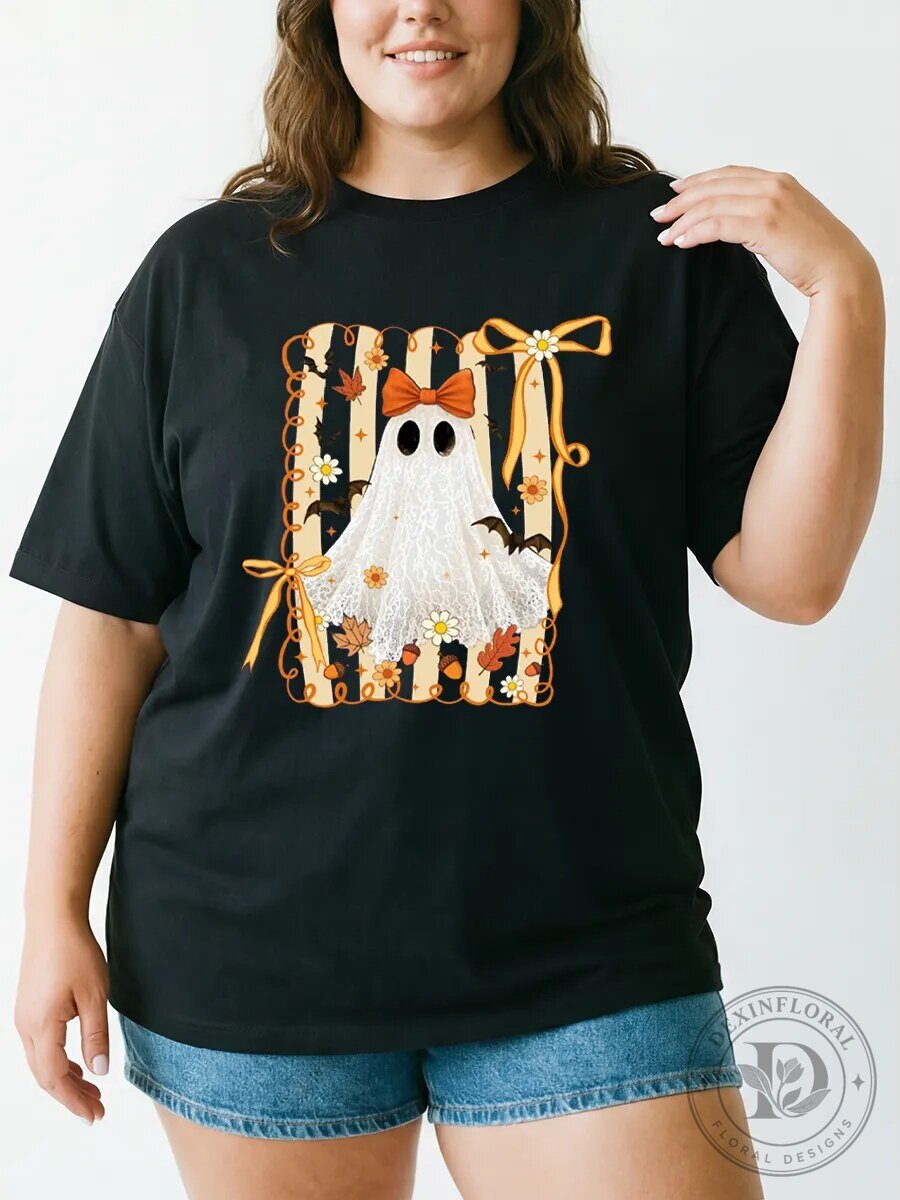 Halloween Graphic Tee Vintage Ghost Autumn Leaves Oversized T-Shirt