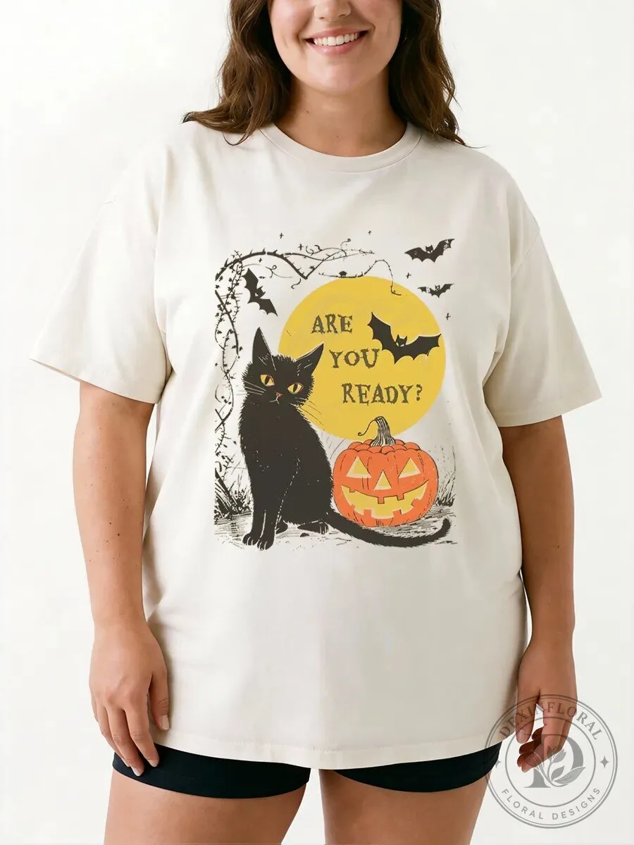Vintage Halloween Graphic Tee with Black Cat and Pumpkin Design