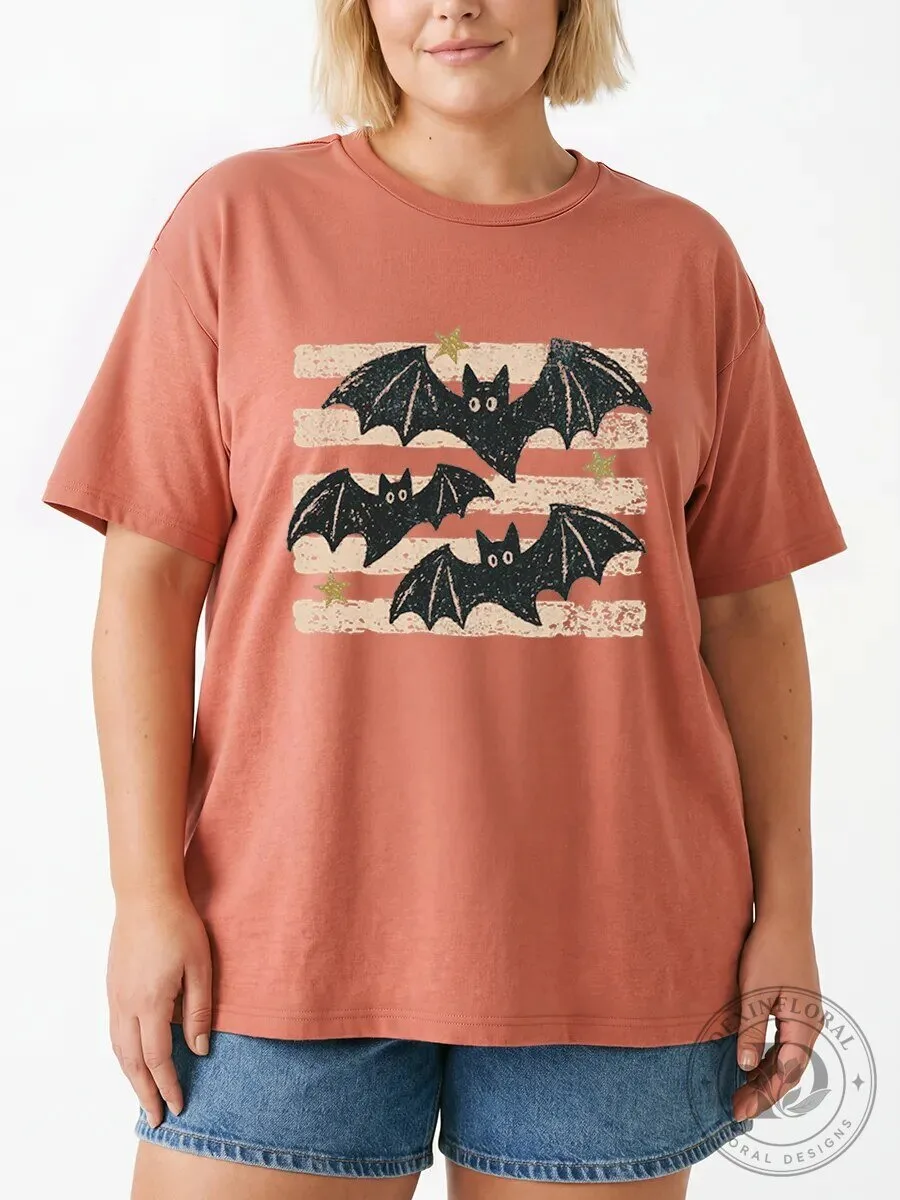 Vintage Bat Halloween Graphic Tee, Oversized Spooky Night T-Shirt for Women