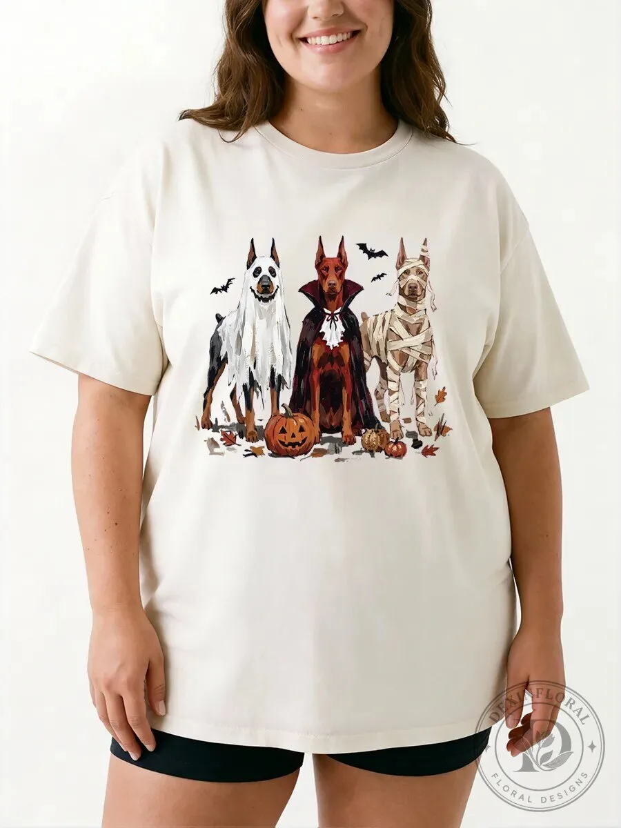 Halloween Graphic Tee with Doberman Pinscher Dogs in Costumes