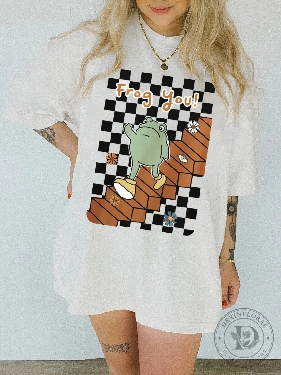 Funny Frog You Retro Checkered Pattern Graphic Oversized T-Shirt