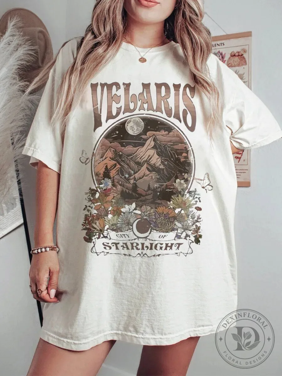 Velaris City of Starlight Mountain and Moon Fantasy Scene T-Shirt