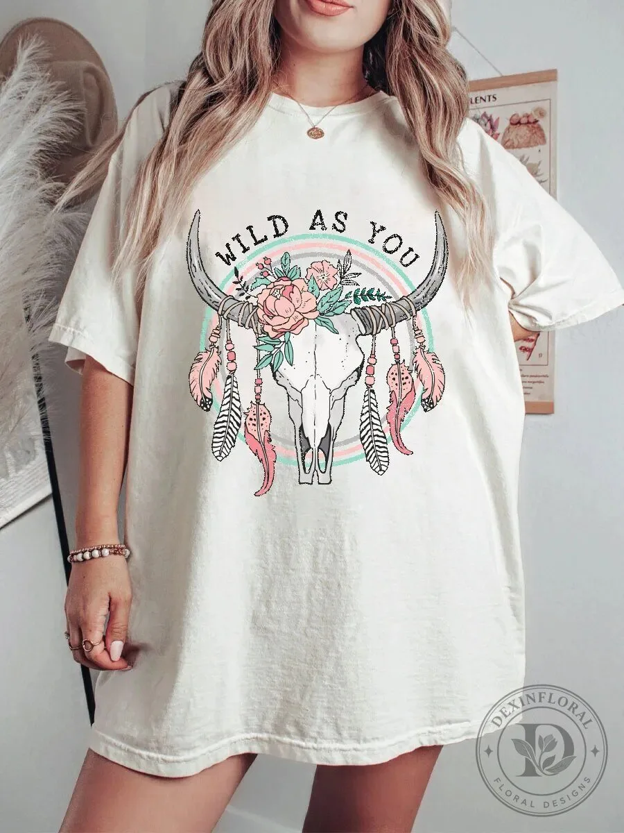 Wild As You Boho Skull with Feathers and Flowers T-Shirt