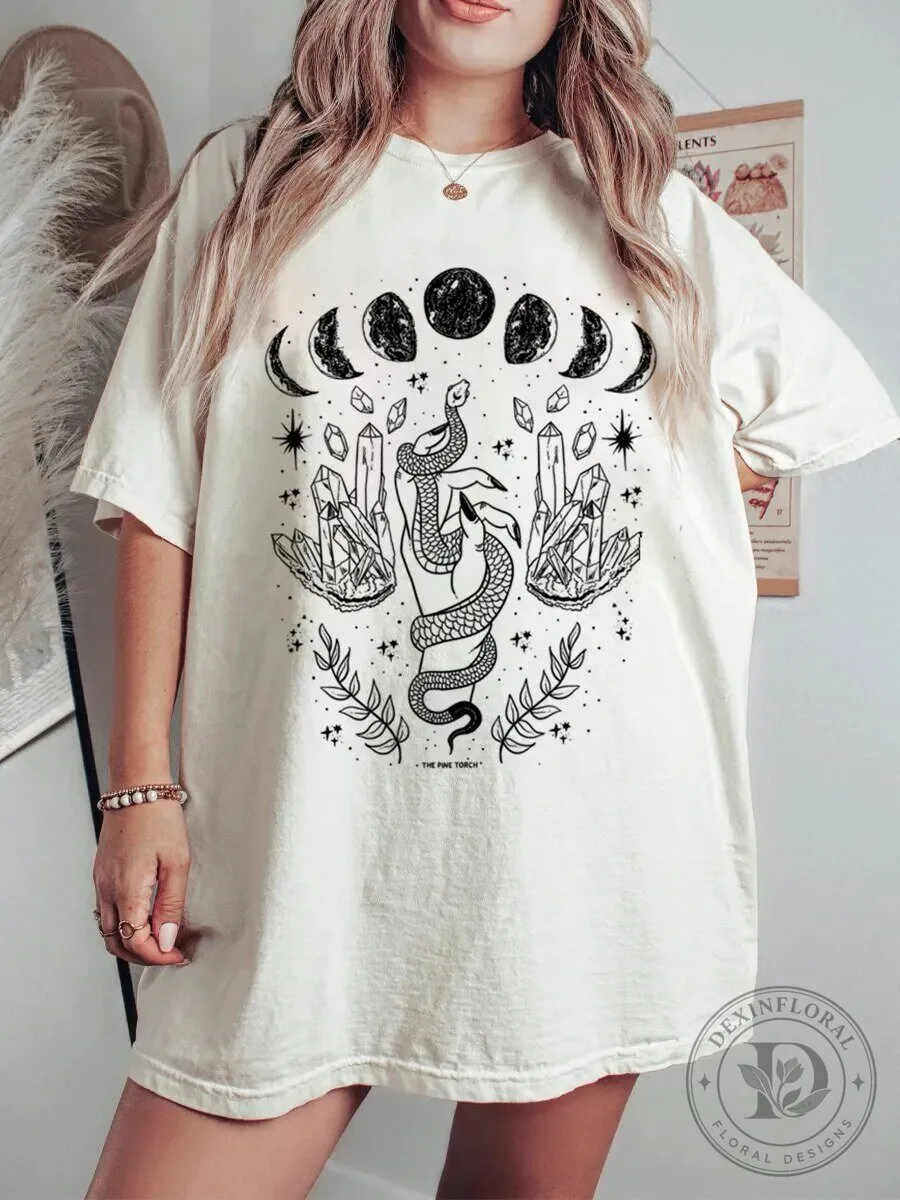 Mystical Moon Phases Snake Crystal Hand Celestial Witchy T-Shirt